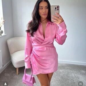 Zara Vibrant Pink Satin Long Sleeve Dress. Like New condition. XS size.